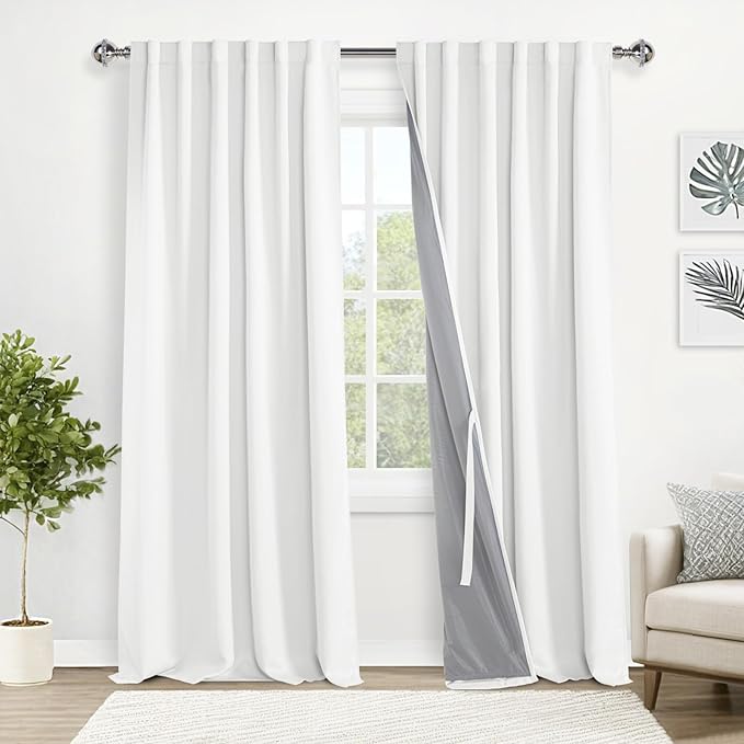XWZO 100% Blackout Curtain Panels - Rod Pocket & Back Tab Thermal Insulated Black Liner Curtains, Noise Reducing and Heat Blocking Drapes for Hall and Studio with Tiebacks, Ivory, W52 x L95, Set of 2