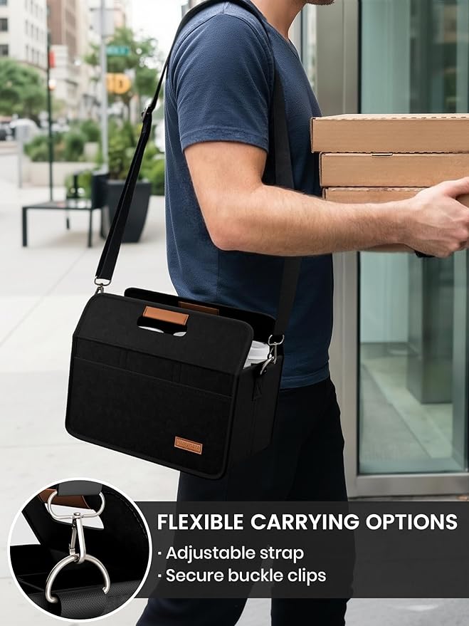Fluxynara 6-Cup Reusable Felt Drink Carrier with Handle and Adjustable Shoulder Strap, Drink Holder for Car, Multi-Cup Drink Carrier Bag for Delivery, Travel, Picnics (Black)