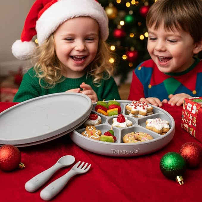 Talktools Bitsy Feeding Kid's Essentials Plate Set – Toddler Utensils, Spoon and Fork, Plate Lid, Perfect for Mealtime – Strong Suction Toddler Plates with 4 Compartments (Set-Cloud)
