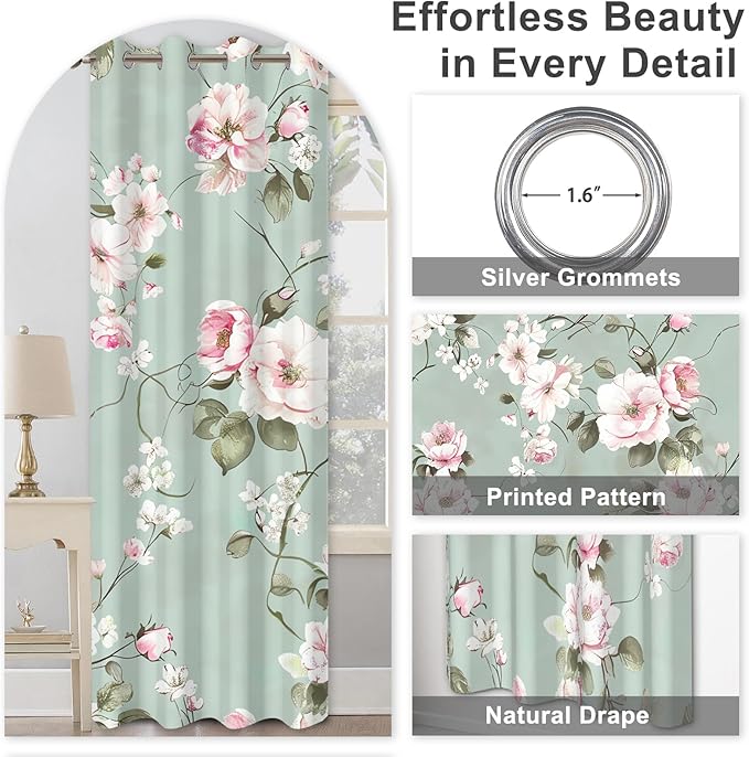 Blackout Curtains for Girls Bedroom, Pink Floral Room Darkening Curtains 84 Inch Length 2 Panels Set, Grommet Thermal Insulated Soundproof Privacy Winter Black Out Curtains for Living Room
