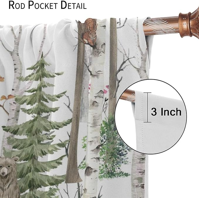 Forest Animals Kids Curtains, Wild Rustic Bear Fox Deer Children Cartoon Window Treatments for Living Room, Watercolor Blackout Drapes 2 Panel Sets,42x63 Inch