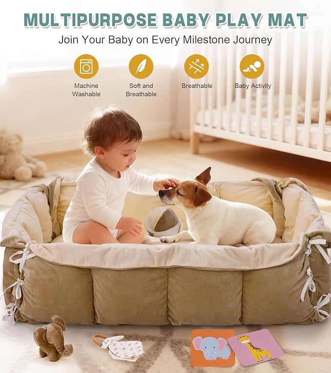 5-in-1 Baby Play Gym and Tummy Time Mat, Tummy Time Pillow & 12 Learning Cards, Plush Activity Mat with 6 Toys, Baby Gym, Convertible to Ball Pit, Baby Gift, Brown