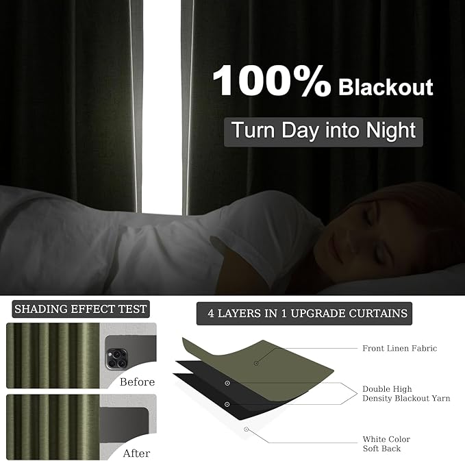 Topfinel 92 Inches Long Farmhouse Custom Black Out Drapery Panels,Rustic Country Faux Textured Opaque Pleated Window Coverings, Olive Green Boho Heat Blocking Tab Top Kids Curtains