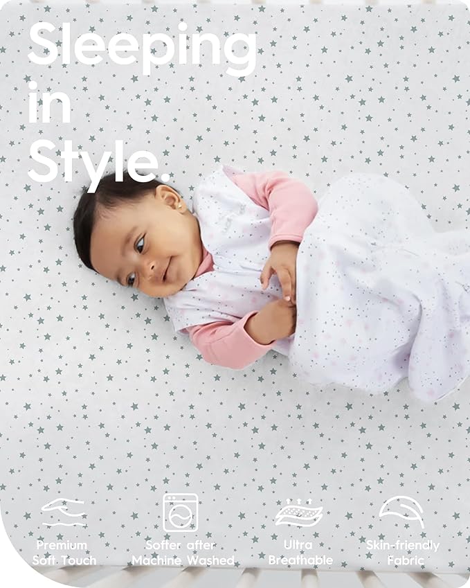 TotBasic Crib Fitted Sheet Star, Super Stretchy Jersey Crib Sheets, Buttery Soft Boy Crib Mattress Sheets, Ultra Breathable Baby Bed Sheets 28x52x9 Extra Deep Pocket, 2 Pack