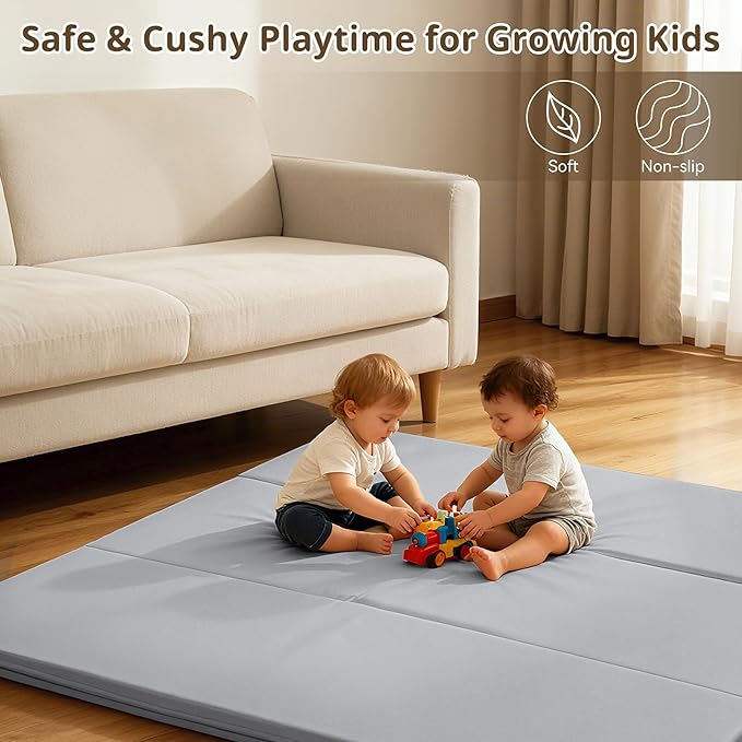 Baby Play Mat, 48 x 48 Inch Foldable PU Leather Waterproof Playpen Mat, 1.6" Extra Thick Foam Floor Mat for Infants and Toddlers, Non-slip Toddler Activity Playmat Cushion, Light Grey