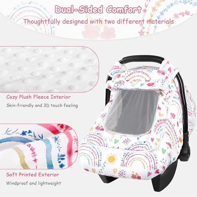 Winter Car Seat Cover Baby with Sunshade & Dual Zipper Windows - Minky Bubble Lined Windproof Soft Shell, Warm Newborn Car Seat Canopy Covers, Elastic Bottom for Stroller & Infant Car Seat, Rainbow