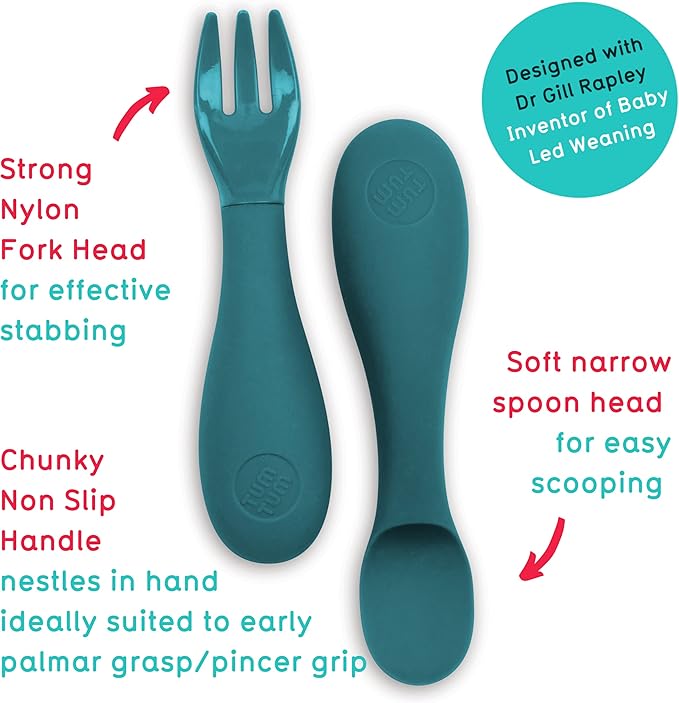 Tum Tum Baby Cutlery with Case, Silicone Spoon & Fork Set, Self Feeding Cutlery, 6+ Months, Blue