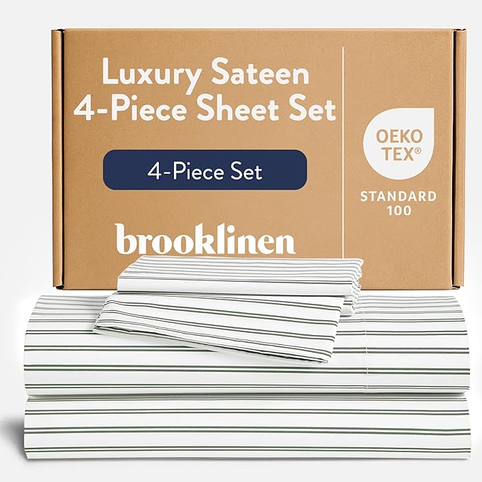 Brooklinen Luxury Sateen 4 Piece Sheet Set - 100% Cotton Bed Sheets, Durable Queen Size Sheets Set in Green Tandem Stripe, Oeko-TEX Certified Bedding Set, 1 Fitted Sheet, 1 Flat Sheet, 2 Pillowcases