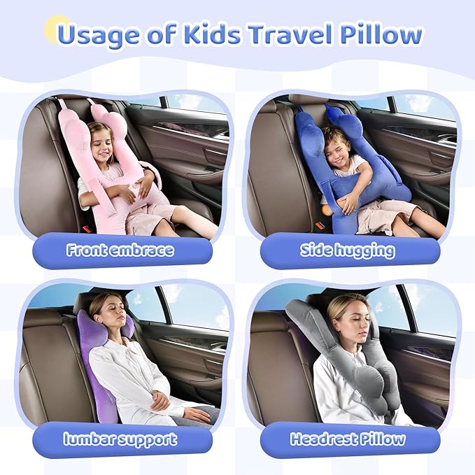 FLORICH Kids Travel Pillow, Car Sleeping Travel Pillow for Kids, Washable H-Shaped Pillow for Adults and Children to Support Head and Body for Road Trips Pillow for Car (Blue)