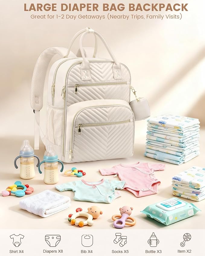 Diaper Bag Backpack,Baby Essentials Diapers Bag with Pacifier Case,Multipurpose Stylish Large Capacity Travel Backpack for Baby Girl/Boy(L-Beige)