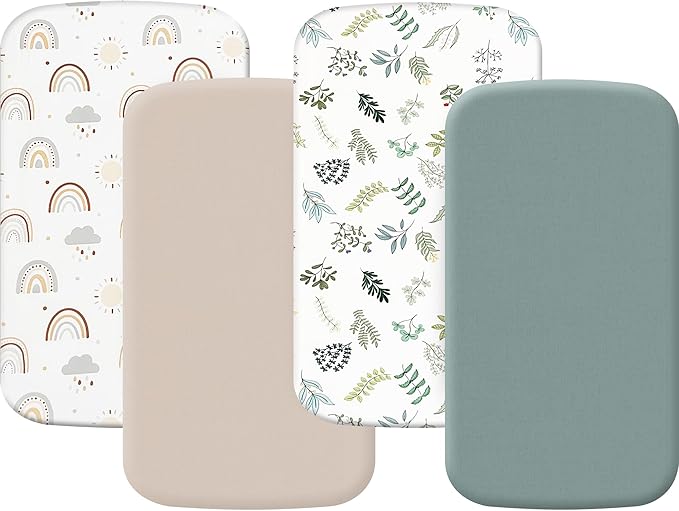 4 Pack Bassinet Sheets 20” x 35”, Compatible with Besrey, Foalom, MiClassic, Milliard and Large Bassinet Mattress, Soft and Skin-Friendly, Mint Green and Color Rainbow