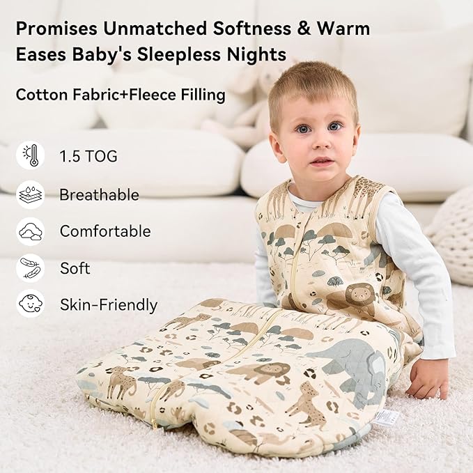 Unnivoll Baby Sleep Sack 0-6 Months 1.5 Tog Baby Wearable Blanket 100% Cotton Fabric Warm Sleeping sack with 2-Way Zipper Quilted for Infant Newborn Tog Apricot Elephant