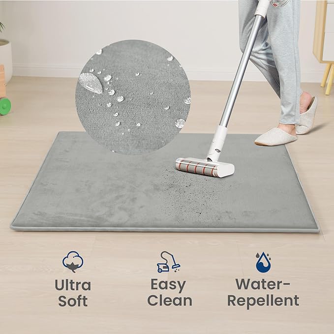 Baby Play Mat for Floor,Extra Large 59"×71" Playpen Mat for Tummy Time,Thicker Padded Elasti Foam Activity Mats for Toddler,Infant,Kids,Water Repellent Ultra Soft Velvet,Non-Slip Backing Safe for Crawling,Nursery & Playroom(Light Grey)