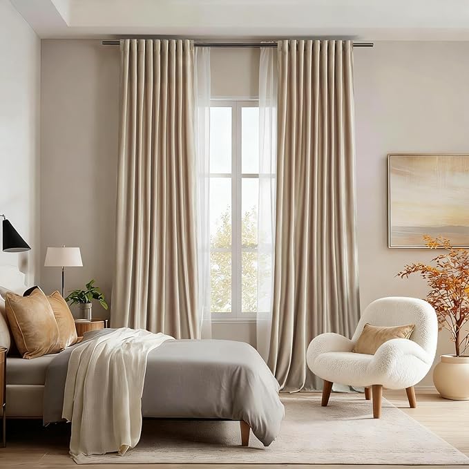 100% Full Blackout Champagne Beige Velvet Curtains 96 inch Long for Living Room,Set of 2 Liner Rod Pocket Back Tab Thermal Window Curtains Room Darkening Heavy Decorative Curtains Drapes for Bedroom