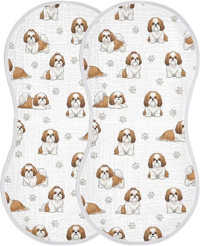 Qinllo 2 Pack Muslin Burp Cloths Shih Tzu Dogs White Cotton Baby Burp Cloths Ultra Absorbent and Soft Thick Burping Cloth for Newborn Must Haves 22x11 Inch