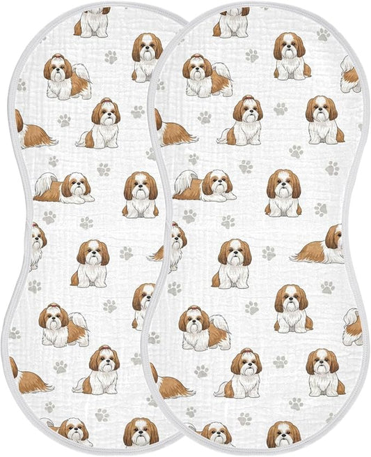 Qinllo 2 Pack Muslin Burp Cloths Shih Tzu Dogs White Cotton Baby Burp Cloths Ultra Absorbent and Soft Thick Burping Cloth for Newborn Must Haves 22x11 Inch