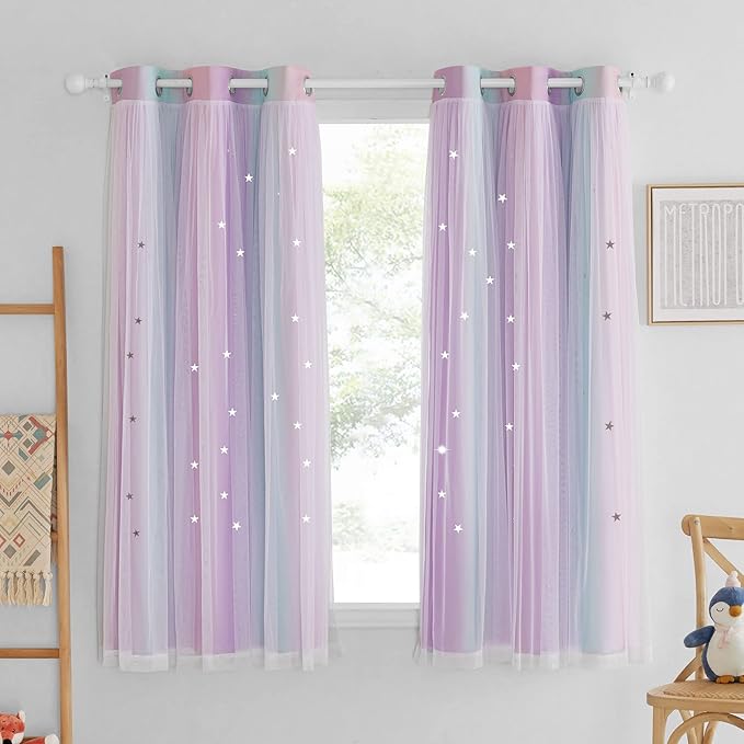 NICETOWN Bedroom Curtains 63 inch Length Ombre Curtains Grommet Rainbow Princess Drapes for Girls Living Room Bedroom Decor, 1 Pair, Blue & Purple & Pink, 42" W x63 L