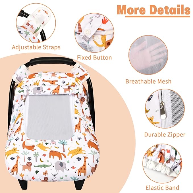 Car Seat Cover Baby, HNHUAMING Infant Car Seat Covers Canopy for Baby Girl Boy, Cozy & Windproof Newborn Carseat Covers Minky Dot Backing Stroller Cover with Breathable Mesh Window, Animals