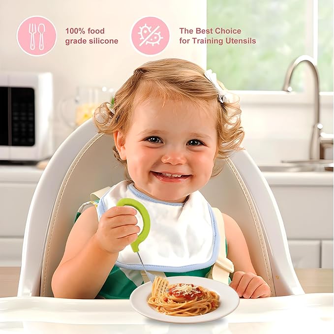 BleshiFashi Toddler Training Utensils -Silicone Easy-Grip Handles Baby Forks and Spoons Pink Set-Kids Stainless Steel Silverware-Self Feeding&Children Safe-Dishwasher Safe