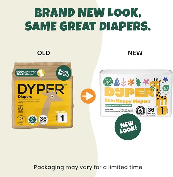 DYPER - Baby Diapers Size 1 (36 Count) - Plant Based Disposable Diapers for Day and Overnight Premium Leak Protection, Skin-Friendly Comfort with Soft Size 1 Diapers (8-14 lbs)