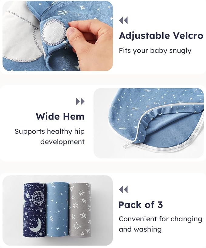 Baby Swaddles for Newborns with Zipper, 100% Cotton Newborn Swaddle Sack, 3 Pack Baby Swaddles 0-3 Months Swaddle Sleep Sack for Newborn Baby Boy Girl Blue Planet
