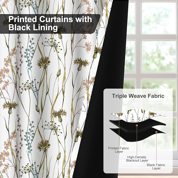 Floral Patterned Black Out Curtains 63 Inch Length, Thermal Insulated Blackout Curtains for Bedroom and Living Room, Grommet Soundproof Privacy Farmhouse Room Darkening Window Curtains 2 Panels Set
