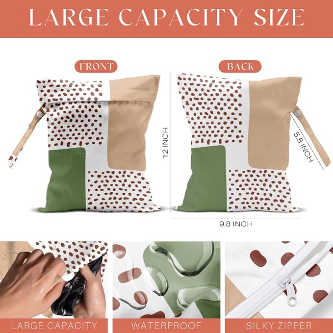 4 Pack Boho Green Abstract Botanical Wet Bag Waterproof Washable Reusable Wet Dry Bag for Swimsuit Dirty Clothes Diaper Travel Beach Pool Gym Camping Toiletries Beach Essentials，Modern Nordic Style