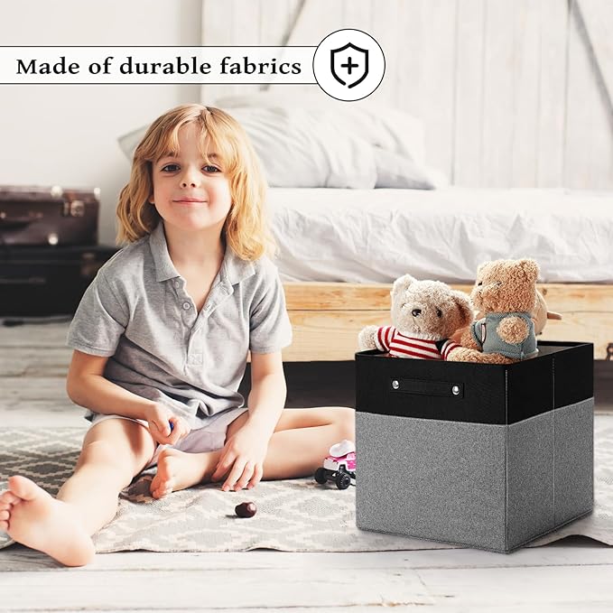 13 x 13 Inch Fine Linen Storage Bins with Handles，Fabric Cube Boxs，Basket Organizers for Shelves for Home, Closet Drawers (Black/Gray-4 Pack)