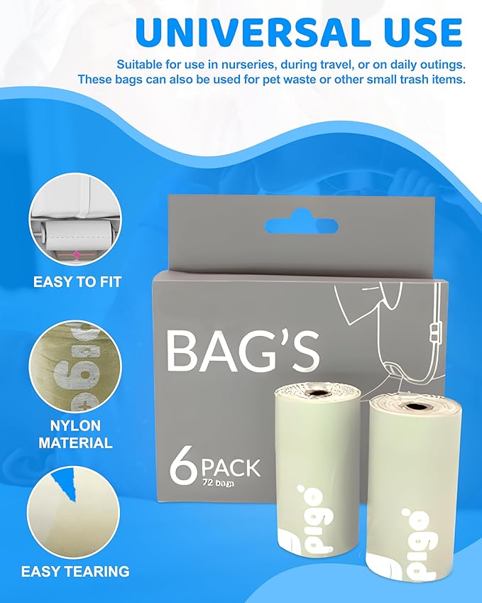 Keepigo, Compostable Disposable Diaper Bags Refills | 6 Rolls, 72 Leak-Proof, XL Biodegradable Baby Poop Bags | Eco-Friendly Diaper Trash Bags for Home, Travel, Pet Waste | Odor-Free,