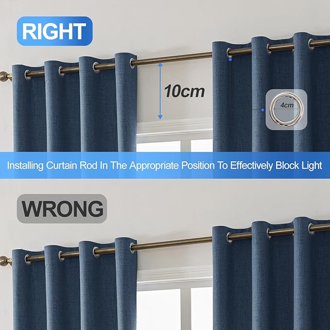 Linen 100% Blackout Curtains for Bedroom, Black Out Curtains 45 Inch Long, Room Darkening Curtains for Living Room, Long Curtain Grommets Drapes, Thermal Curtains(2 Panels, Navy Blue)