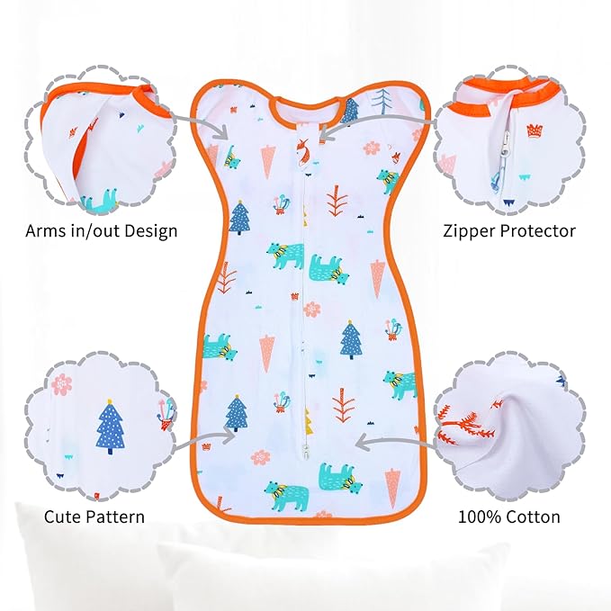 Transition Swaddle 6-9 Months Sleep Sack Arms up Swaddles 2-Way Zipper 100% Cotton Arms in/out, 0.8 Tog Sleep Sack Baby Swaddles for Boy Girl, 2-Pack Baby Transitional Swaddle Sack (Large 20-27lbs)