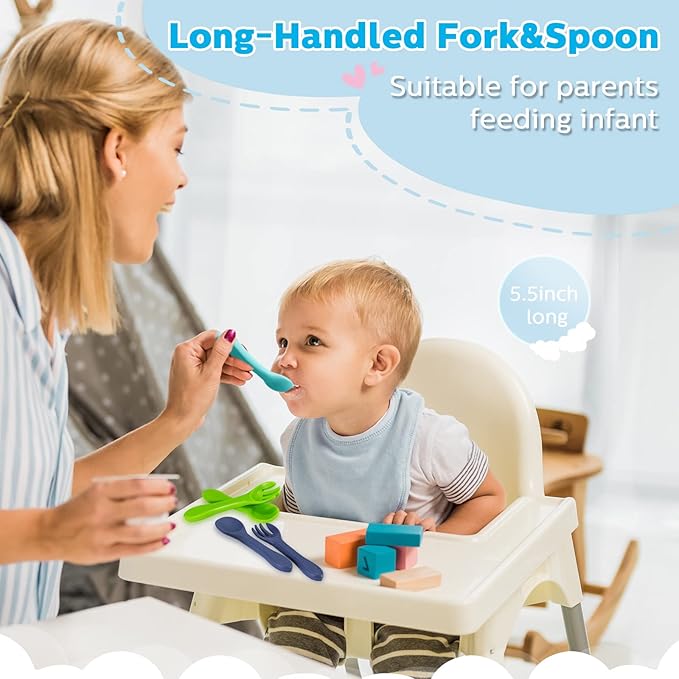 Nuenen 6 Pieces Silicone Baby Feeding Forks and Spoons Set Hot Safety First Stage Self Feeding Supplies Mini Kids Utensils for over 6 Months Babies Boy Girl Toddlers First Foods (Fresh Color)