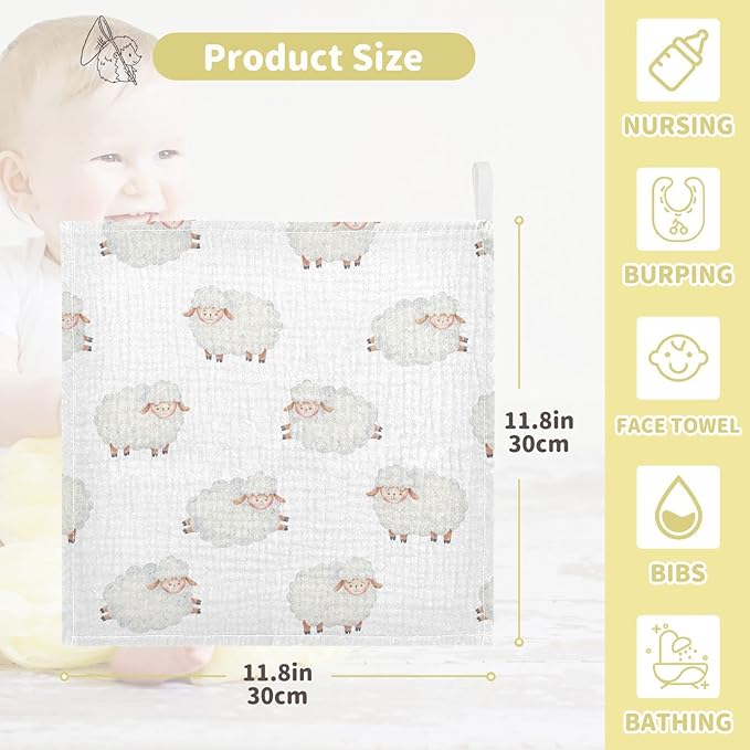 vvfelixl Baby Washcloths Cotton Cute Curly Lamb Muslin Count Sheep Soft Face Towel for Newborn Infants Wipes, 11.8 X 11.8 Inch, 5 Pack White