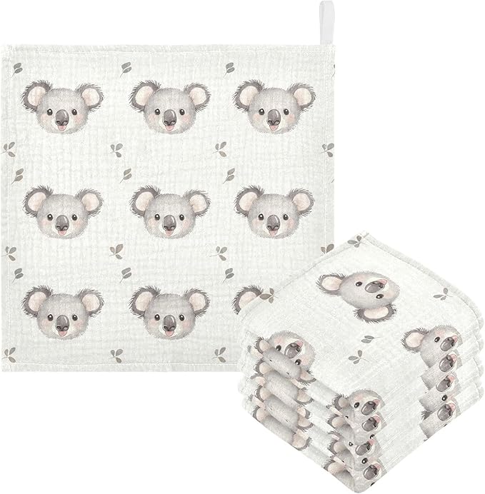 vvfelixl Cartoon Simple Koala Bear Baby Burp Cloths Baby Muslin Washcloths for Boys Girls Cotton Babys Face Towel for Newborn Infants Soft and Absorbent 11.8 X 11.8 in, 5 Pack