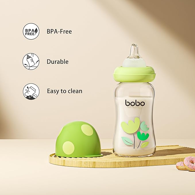 YOHKOH Natural Glass Baby Bottle with Level 1 Slow Flow Nipple, Newborn Anti-Colic Baby Bottles, Wide Neck Mushroom Baby Glass Bottle (Green, (5.4oz (Pack of 4))