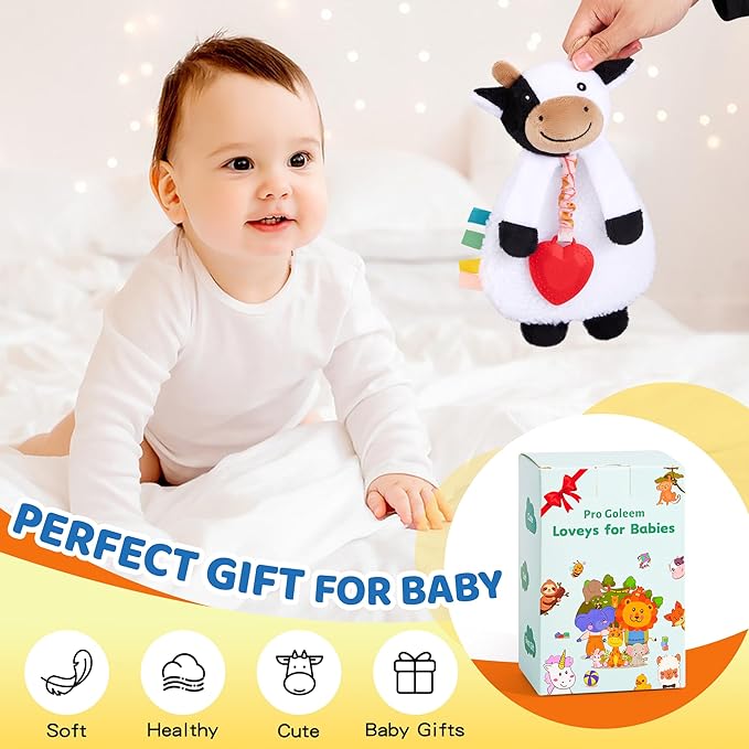 Pro Goleem Cow Loveys for Babies Girl and Boy, Baby Lovey with Teether, Baby Toys 0 3 6 9 12 Months, Safety Teething Toys for Babies Infant Newborn and Toddler Baby Gifts