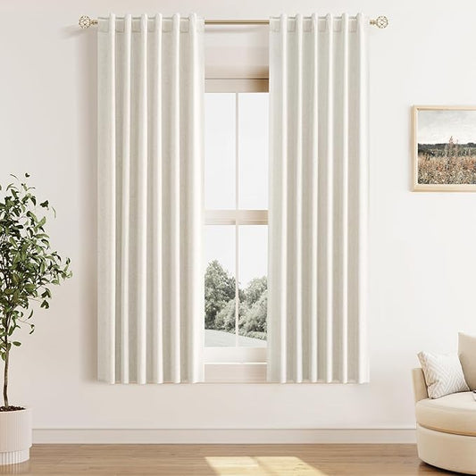 Guken Cream 100% Blackout Linen Curtains 42 Inch Wide by 63 Inch for Living Room Bedroom Back Tab Thermal Insulated Black Out Drapes Room Darkening Window Curtains