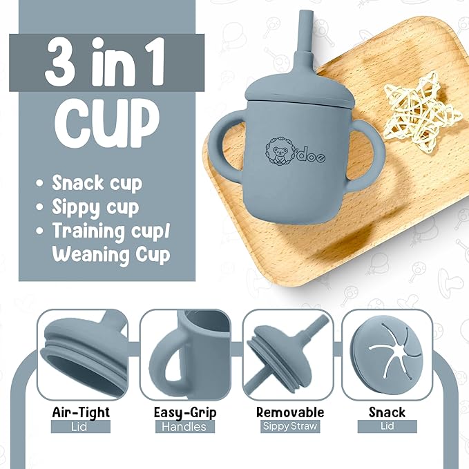 O'doe 17-Piece BPA-Free Silicone Baby Feeding Set | Thick & Soft Suction Plates, Baby Bowls, Wooden Fork & Spoon, and More | Make Mealtime Fun and Easy for Your Little One (Blue, V2)