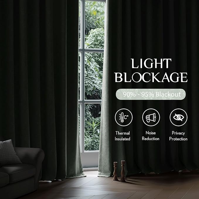 Beauoop Green Floral Jacquard Blackout Curtains 63 Inches Long 2 Panels for Living Room Bedroom Chenille Flower Room Darkening Thermal Insulated Soundproof Grommet Window Drapes, 52x63 Set of 2