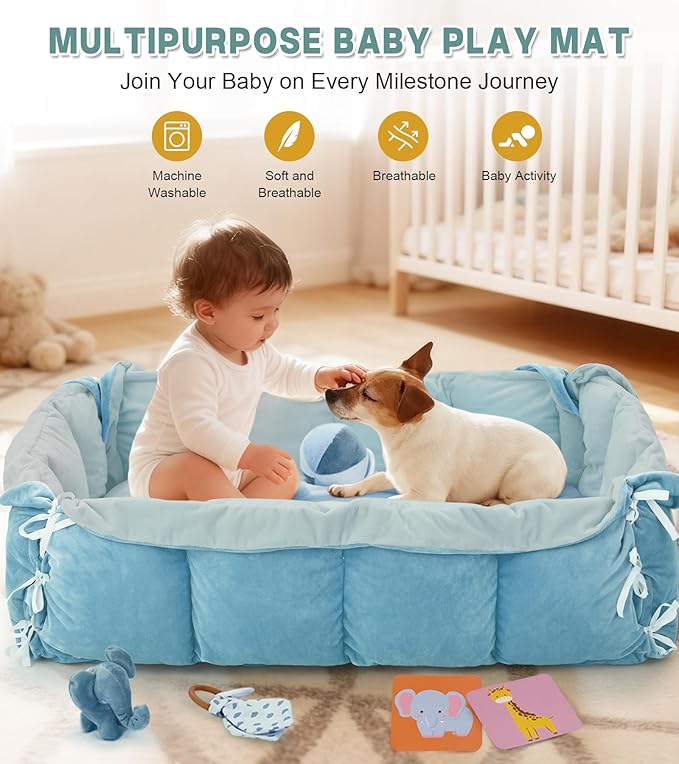 5-in-1 Baby Play Gym and Tummy Time Mat, Tummy Time Pillow & 12 Learning Cards, Plush Activity Mat with 6 Toys, Baby Gym, Convertible to Ball Pit, Baby Gift, Blue