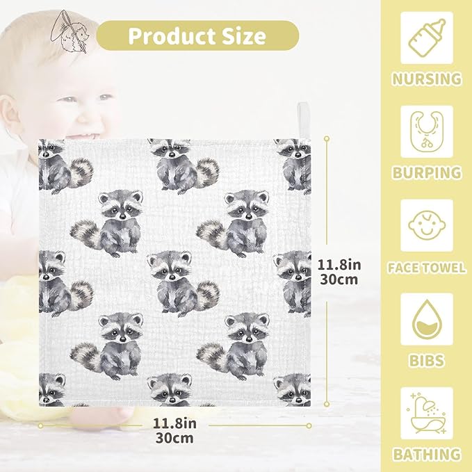 vvfelixl Little Raccoon Baby Burp Cloths Baby Muslin Washcloths for Boys Girls Cotton Babys Face Towel for Newborn Infants Soft and Absorbent 11.8 X 11.8 in, 5 Pack