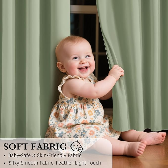 RYB HOME Light Green Blackout Curtains 84 inches Long 2 Panels Set, 100% Blackout Thermal Insulated Window Curtains for Bedroom Living Room Sliding Door, 52 inches Wide by 84 inches Long