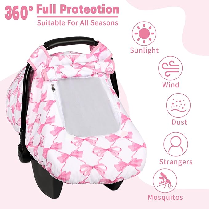 Car Seat Cover Baby, HNHUAMING Infant Car Seat Covers Canopy for Baby Girl Boy, Cozy & Windproof Newborn Carseat Covers Minky Dot Backing Stroller Cover with Breathable Mesh Window, Pink Bow