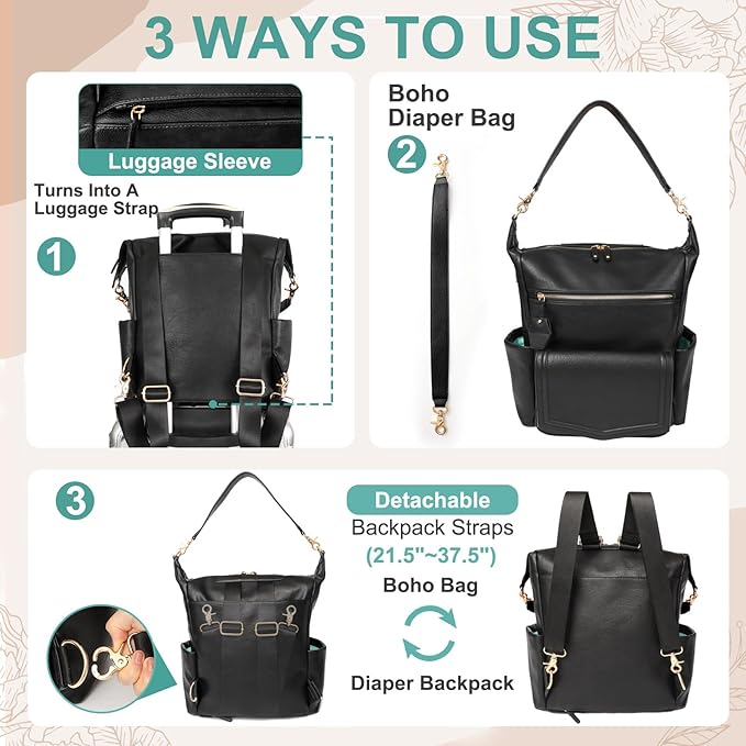MOMINSIDE Diaper Bag Backpack, Convertible Hobo, Large Baby Bag with 14 Pockets, 6 Bottle Pouches, Wipes Pouch, Insulated Pockets (Black)