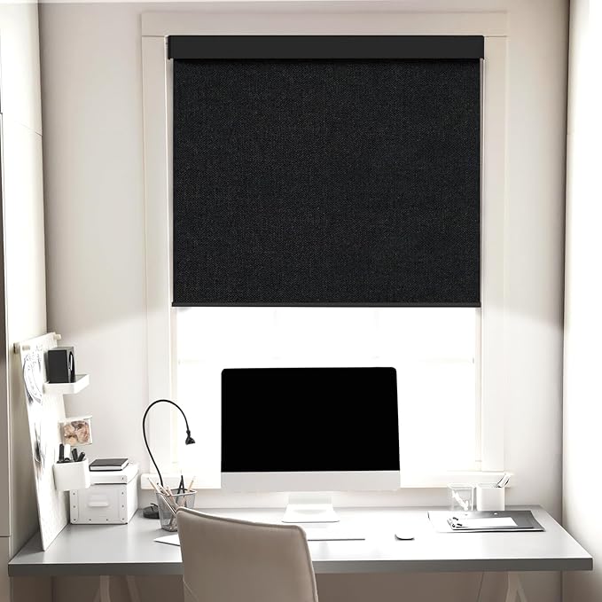 100% Blackout Roller Shades, Free-Stop Cordless Roller Blinds for Windows, Linen Fabric, Thermal Insulated Linen Fabric Window Shades UV Protection for Home, Door, Black44.5 W x 72" H