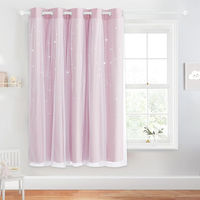NICETOWN Pink Blackout Curtains for Girls Bedroom, Ombre Moon Star Hollow-Out Curtain with Sheer Gauze White Elegant Layered Curtain for Living Room, Patio, Sliding Glass, 70x63 inch, Pink, 1 PC