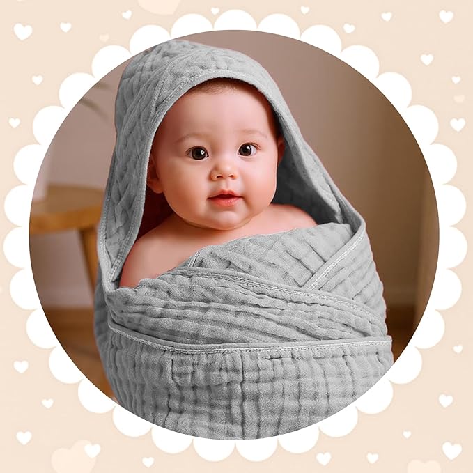 Peryiter 6 Pcs Muslin Hooded Baby Towels 32x32inch Cotton Newborn Bath Essentials Muslin Infant Blankets Absorbent Registry Baby Shower Present for Babies Girl Boy Kids (Yellow,Blue,Green,Orange)