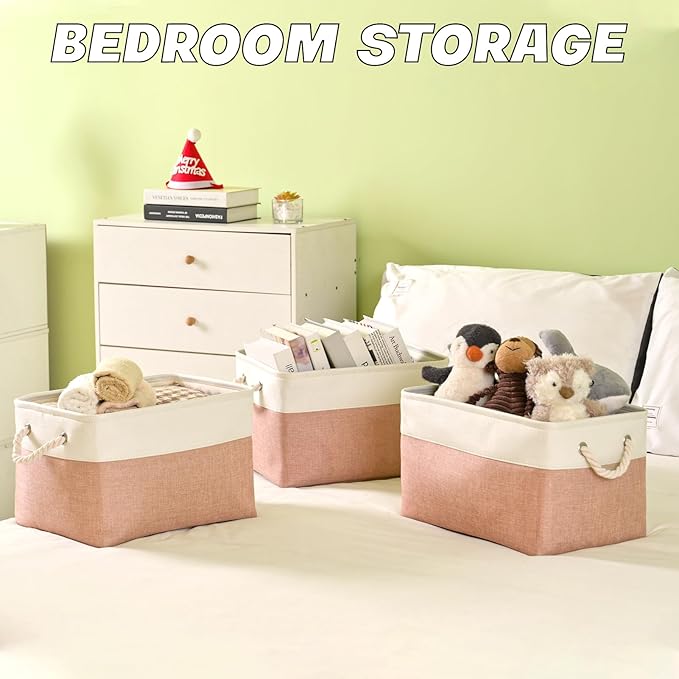 DUHEL Storage Bins 3 Pack, Fabric Storage Basket for Collapsible Medium Canvas Storage Baskets for Organizing Shelf Nursery Home Closet . (White&Blue-3PCS) (White&Pink-3PCS)