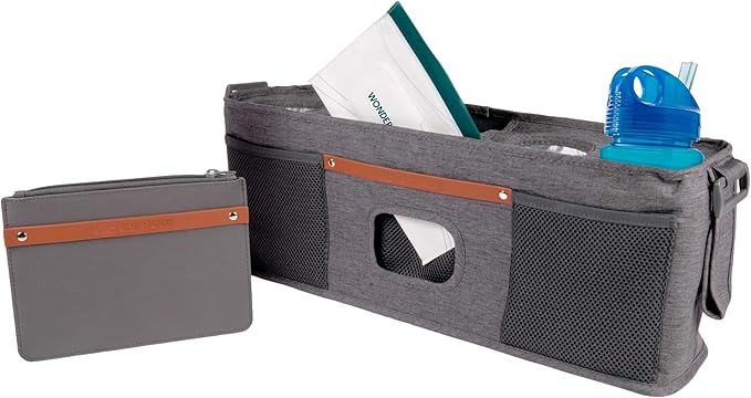 WONDERFOLD Universal Parent Console Stroller Organizer with Insulated Cup Holders, Hook & Loop Closure Handle Attachment, 2 Storage Pockets, Removable Shoulder Strap for Easy Transport
