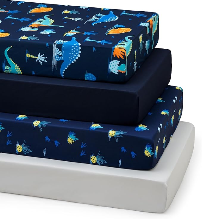 david's kids 4 Pack Fitted Crib Sheets, Ultra Soft Breathable Comfortable Baby Sheet Set for Boys Girls Neutral, 28x52 Inch Fits Standard Crib and Toddler Mattresses, Navy Dinosaur